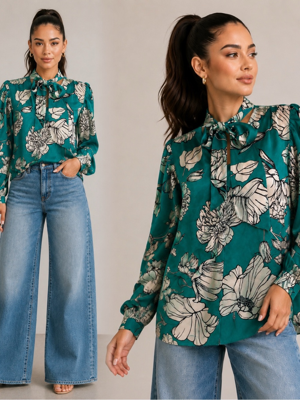 RACHEL Rachel Roy Teal Floral Tie-Neck Blouse